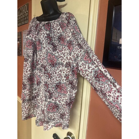 Chaps Womens 2X Paisley Boho Blouse With Long Sleeves & Scoop Neck White/Red - Picture 8 of 9